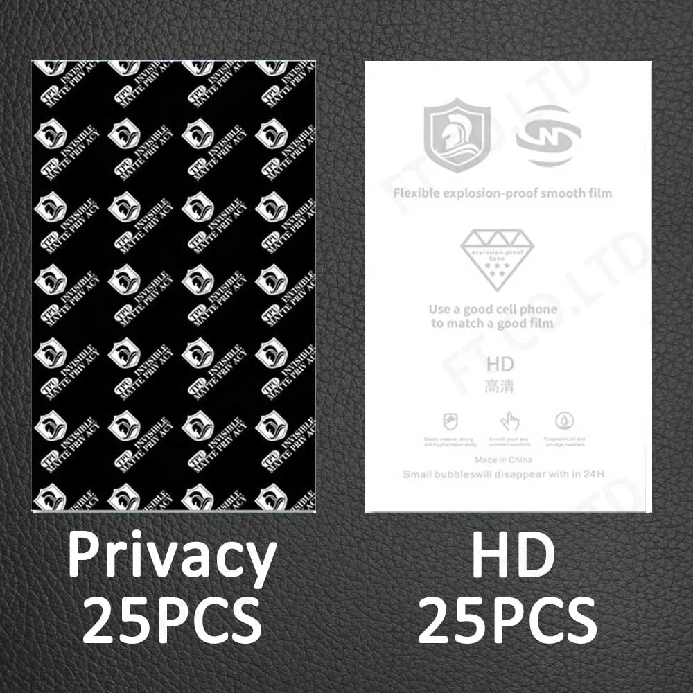 Hydrogel privacy film set, 25pcs privacy and 25pcs HD, flexible explosion-proof smooth film