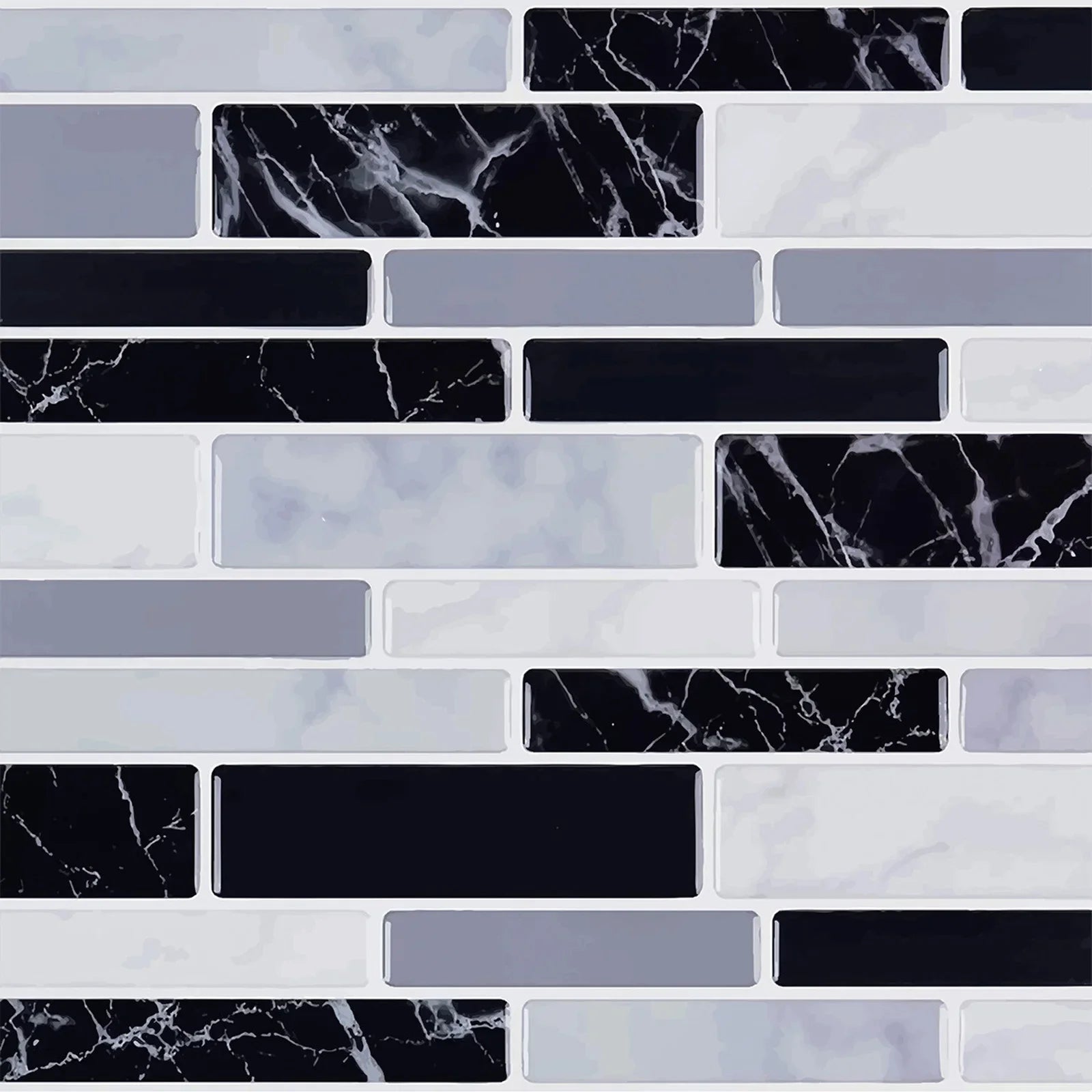3D mosaic tile wall sticker sheet, black, gray, and white marbled brick strips