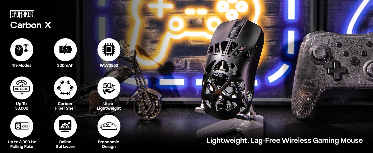 EPOMAKER Carbon X Gaming Mouse Wired/2.4G/BT Wireless Ultra-Lightweight Carbon Fiber Shell Mouse with PAW3950 Sensor 300mAh