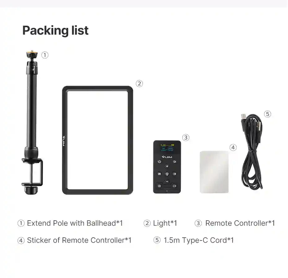 Packing list for LED panel light: clamp mount, rectangular light, remote control, sticker, and Type-C charging cable.
