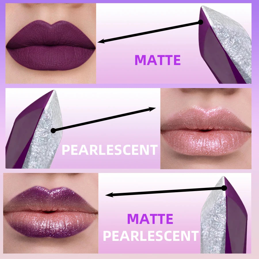Two-tone purple lipstick featuring matte and glitter pearlescent finishes for versatile, moisturizing lip makeup looks.