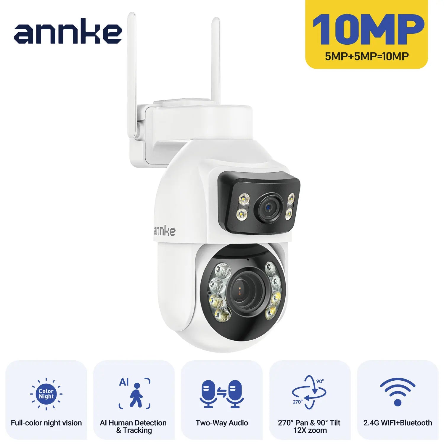 ANNKE 3 Inch PTZ Dual-Lens Security Camera, 5+5MP Dual-View on One Screen, 12X Optical Zoom, AI Human Tracking, Smart Dual-Light Full-Color Night Vision, Two-Way Audio, Siren Alarm, Alexa/Google Home Compatible