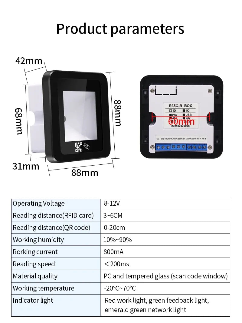 Access scanner dimensions diagram with reading parameter table