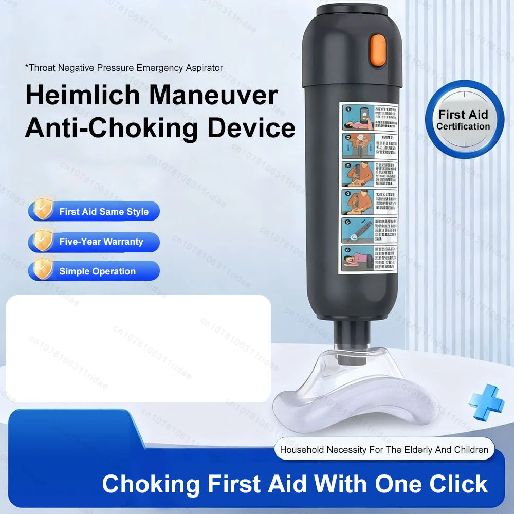 Black handheld anti-choking emergency suction device with clear mask for adults and children. First aid safety tool.