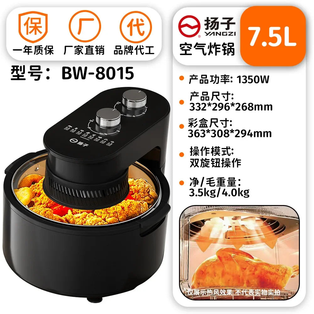 Black 7.5L air fryer with dual knob controls and front viewing window