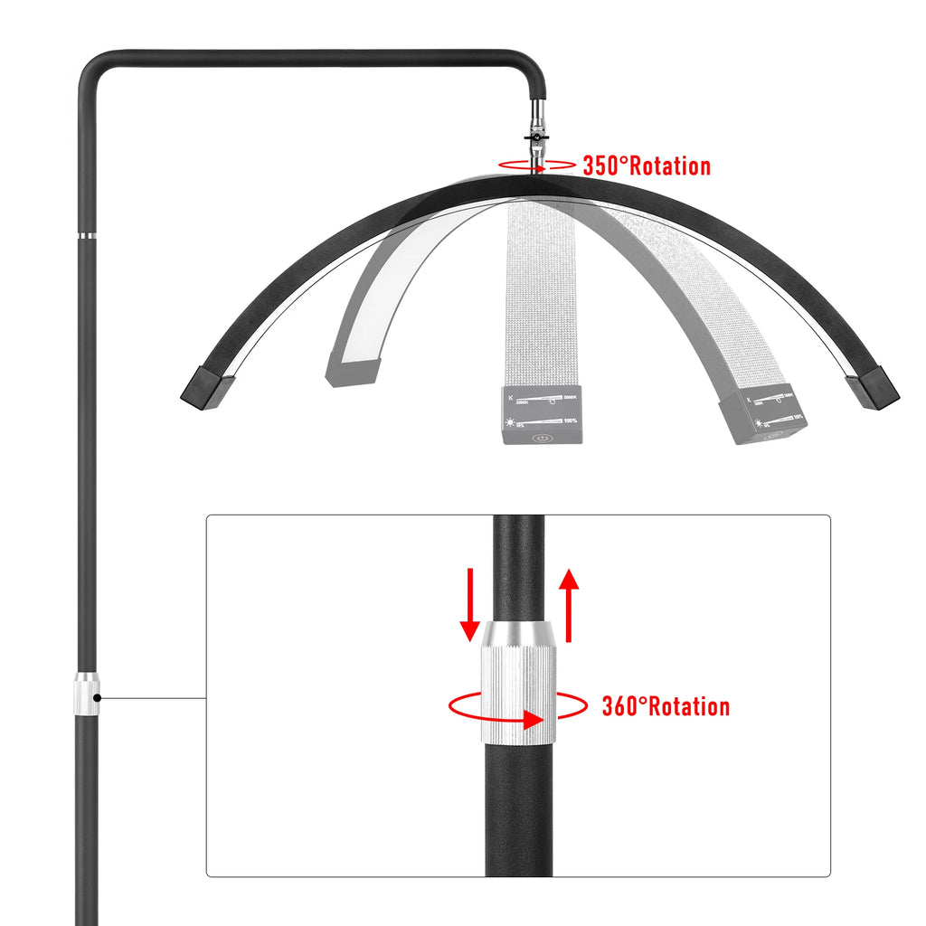 Black half-moon LED beauty lamp on adjustable floor stand with 350-degree head rotation and 360-degree height