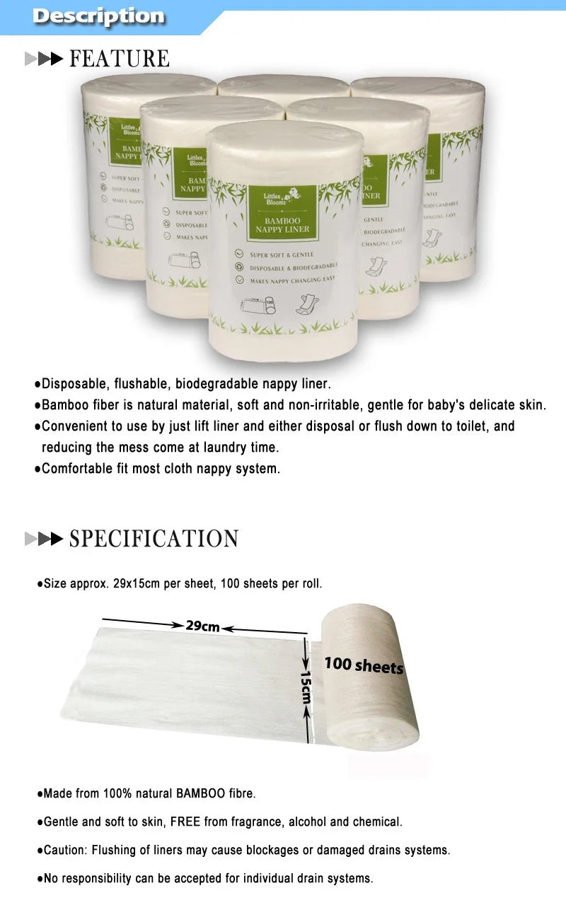 10PCs 100% Biodegradable & Flushable Nappy Liners Cleaning Diaper Insert Cover Wipes one set for 4 Rolls Bamboo Liners one set