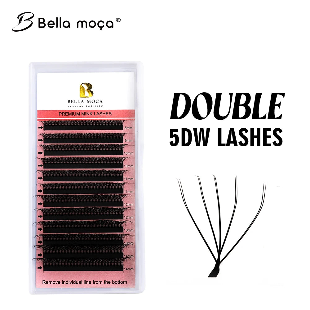 Tray of black Bella Moca 5DW volume lash extensions in various lengths, shown next to a single five-strand lash fan.