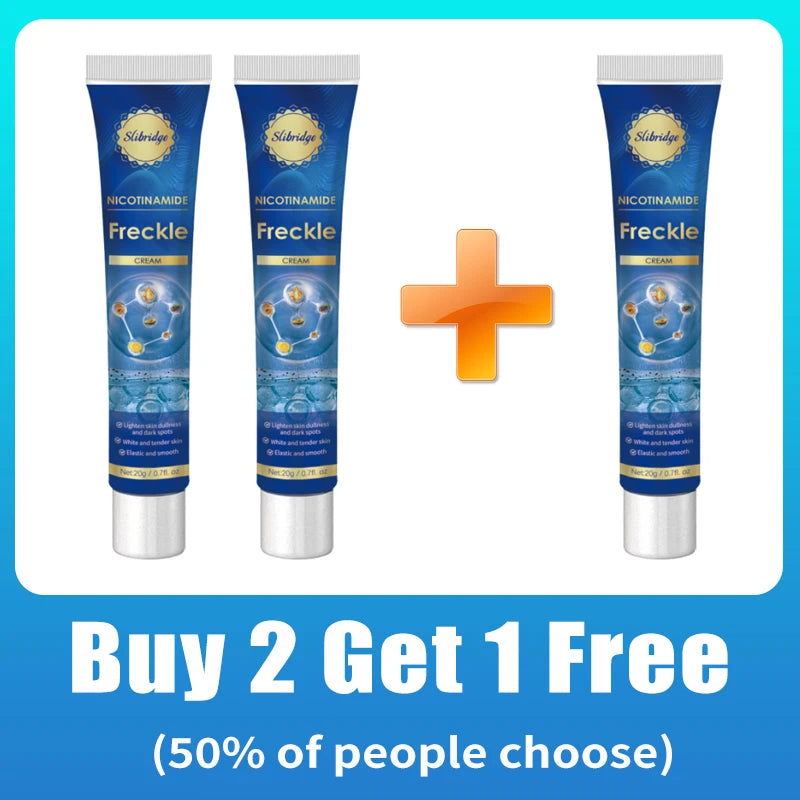 Three blue 20g tubes of Slibridge Nicotinamide Freckle Cream featuring a "Buy 2 Get 1 Free" promotional graphic.