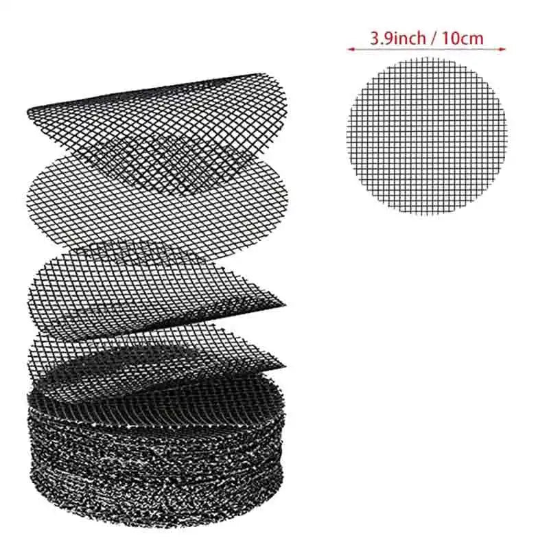 Round black mesh pot pad with drainage hole grid, rolled sheet for plant pots