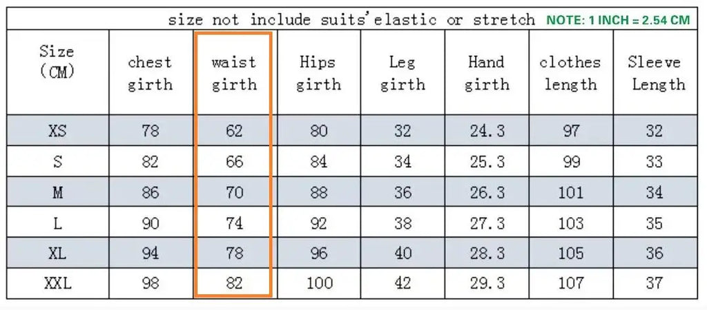 Size chart for wireless EMS fitness muscle training suit featuring measurements for chest, waist, hips, and limb girths.