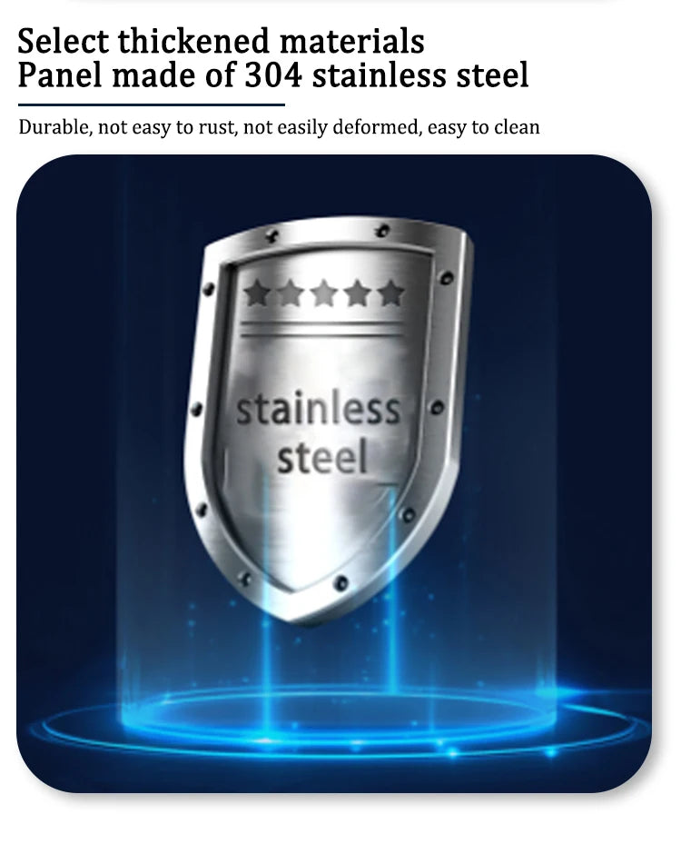 Shield-shaped 304 stainless steel panel with five-star rating emblem, indicating rust-resistant and durable material.