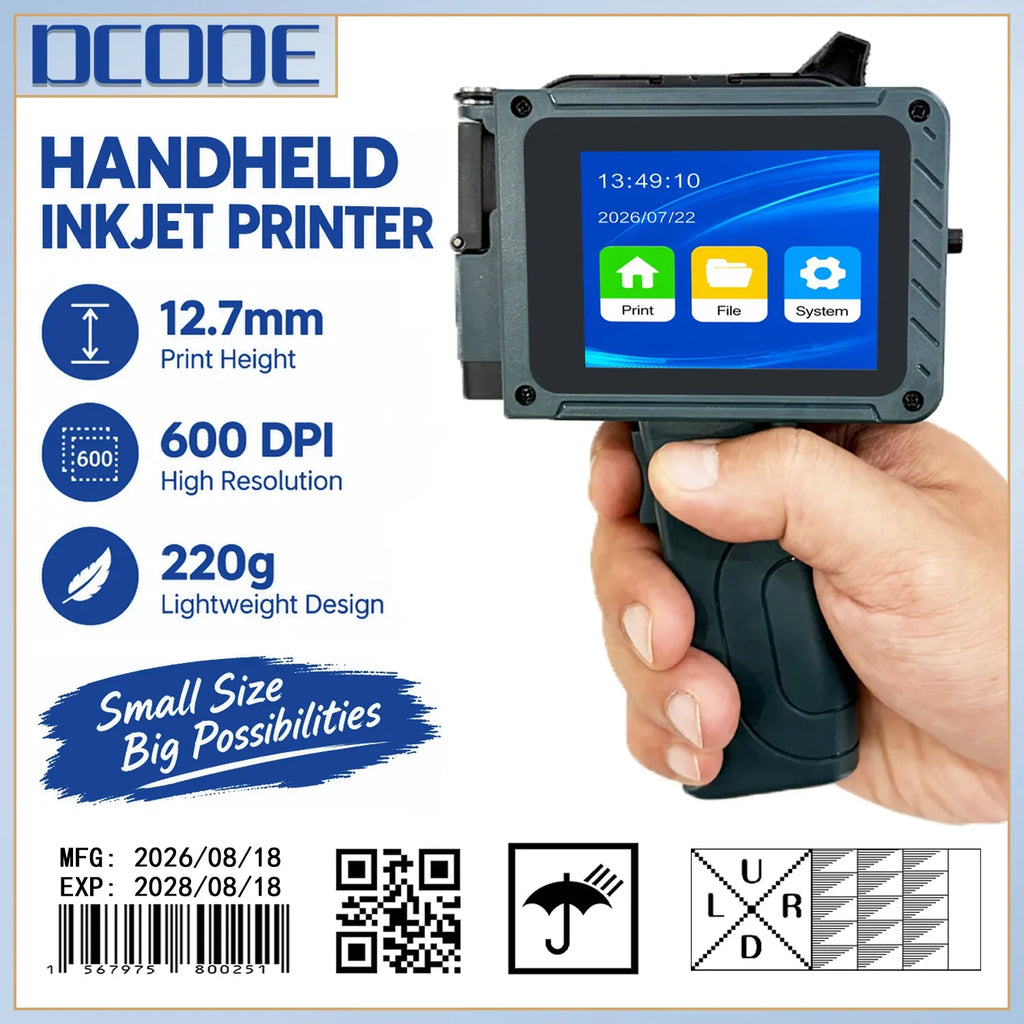 Handheld inkjet printer with LCD screen, held in a hand, dark gray body