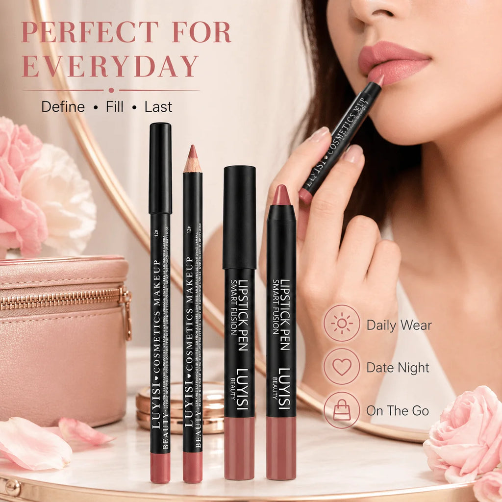 2pc velvet matte lip set: waterproof nude lipstick pencil and long-lasting lip liner for defined, soft-focus lips.