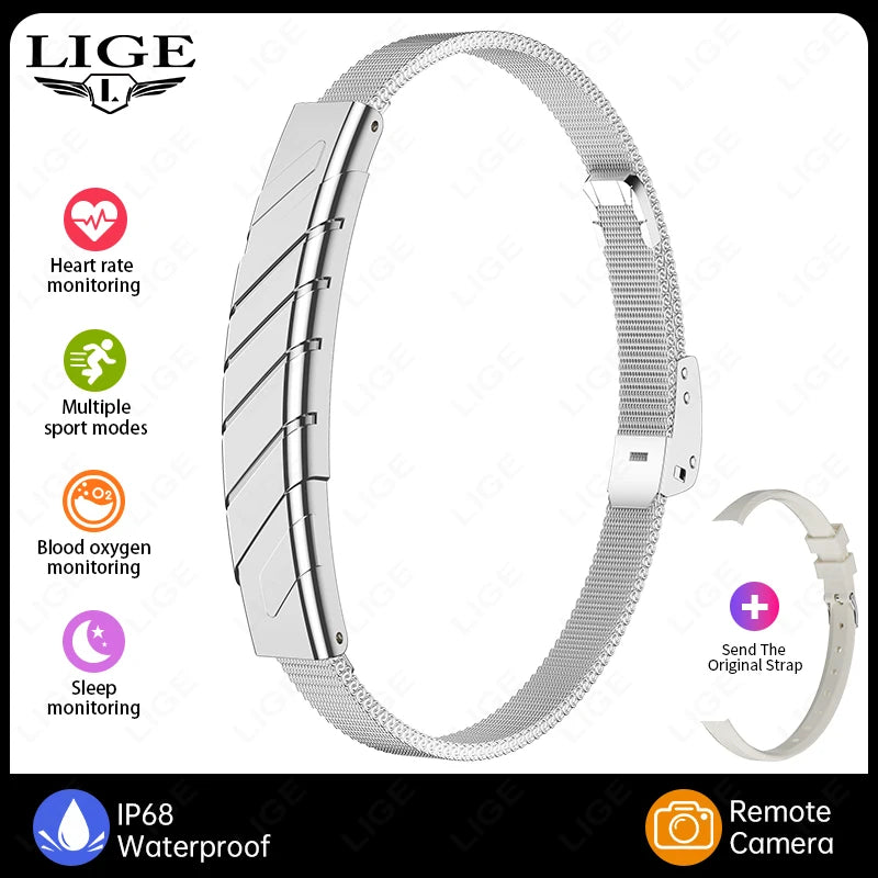 Silver mesh Bluetooth smart bracelet plus white replacement strap, no-screen health tracker