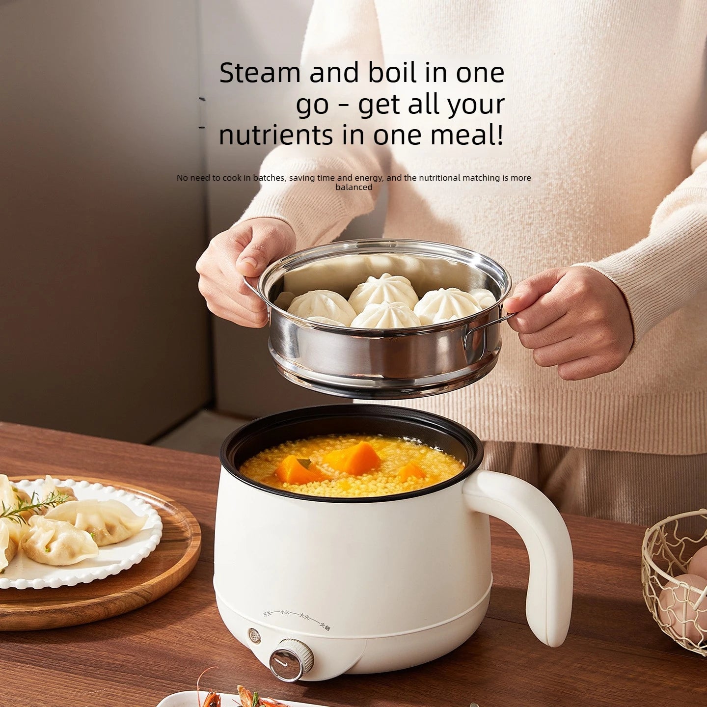 White electric hot pot with lid and steaming insert, heating food in the pot
