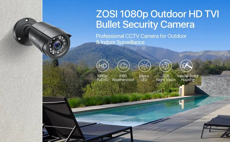 ZOSI 1080P CCTV Security Camera, 80ft Night Vision, 3.6mm Lens 24 IR LEDs, Outdoor Whetherproof Surveillance Camera