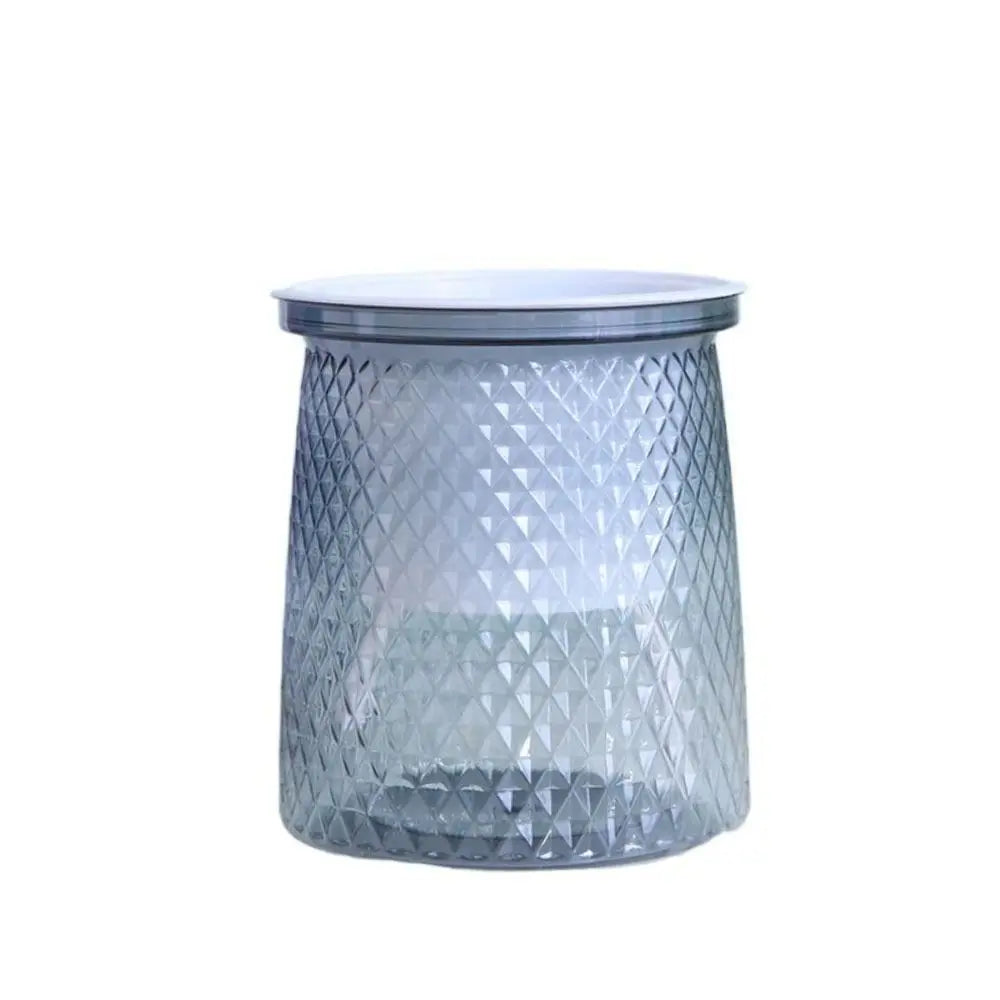 Self-watering plastic plant pot, gray with diamond texture and flat rim lid