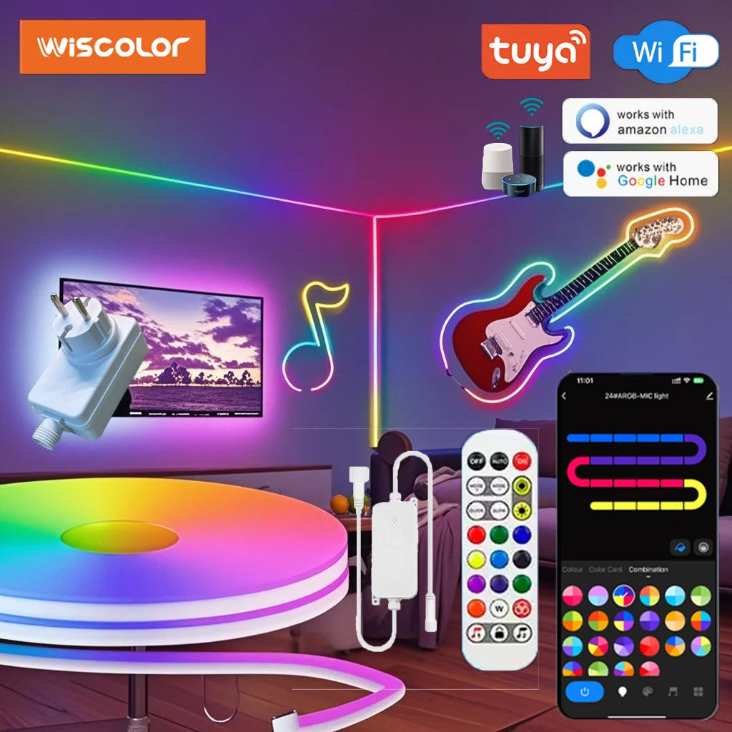Wi-Fi RGBIC LED neon rope lights kit with remote, music sync and voice control