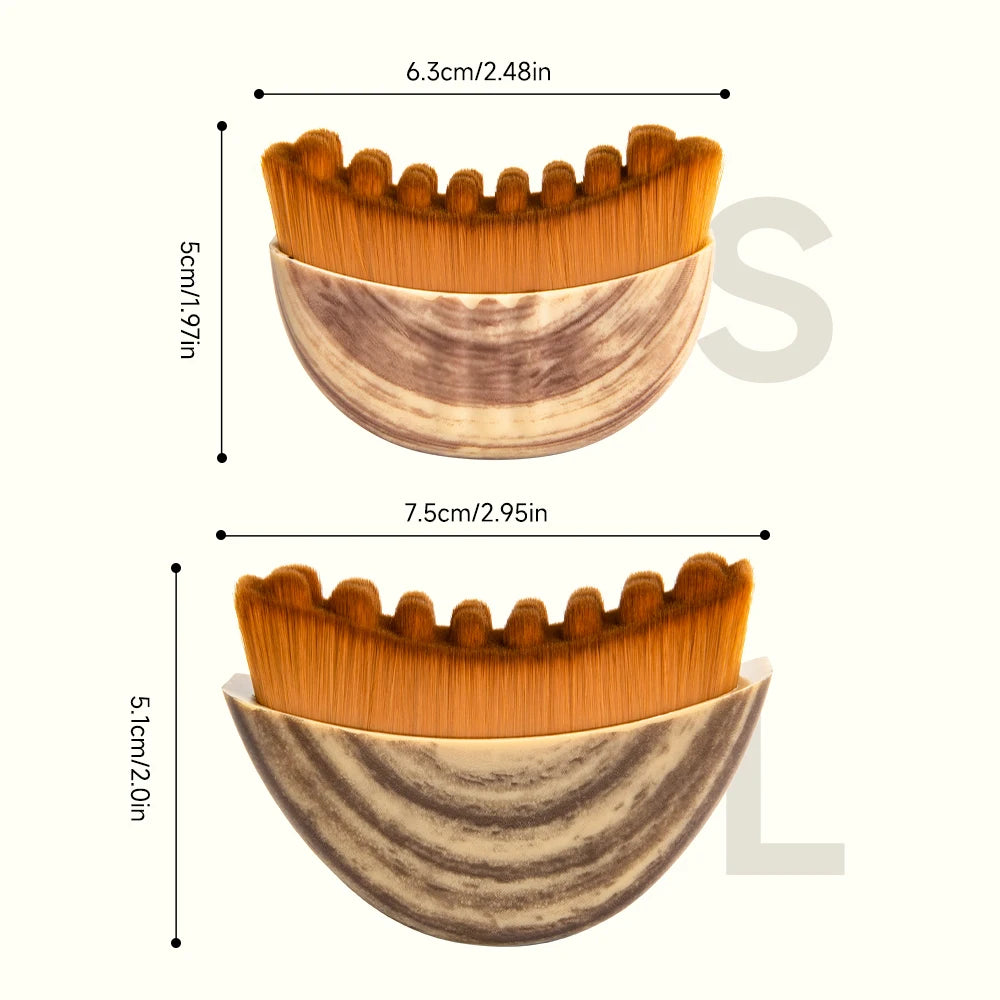 Two crescent-shaped face brushes with soft brown bristles and wood-grain textured handles, shown with size dimensions.