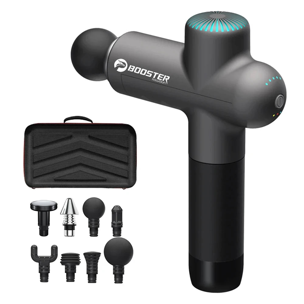 Dark gray handheld massage gun with eight interchangeable heads and a black carrying case for muscle recovery.