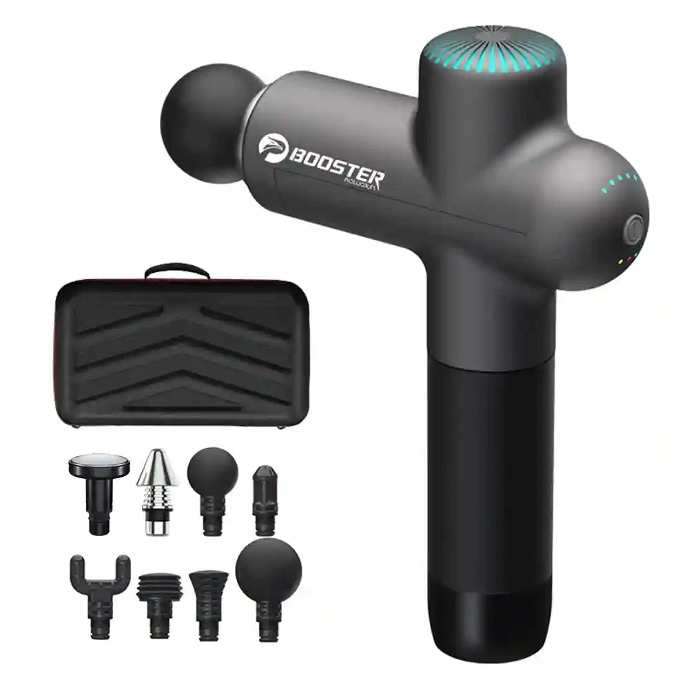 Matte black percussion massage gun with 8 varied attachments and a protective carrying case for muscle recovery.