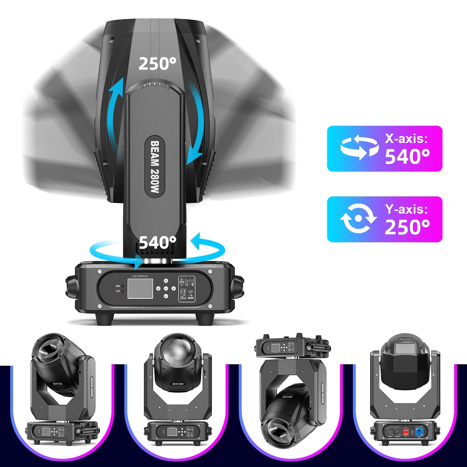 Moving head light with pan rotation angles labeled for beam positioning