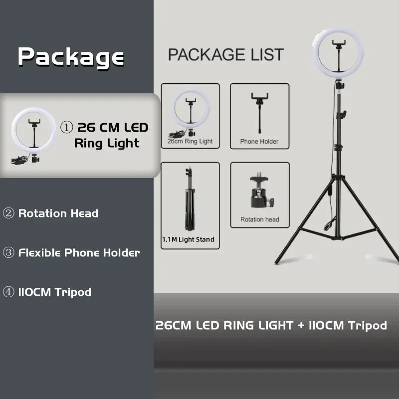 LED Ring Light with Tripod Stand - Professional Content Creation Lighting 10in Ring BK110cm Tidesmit
