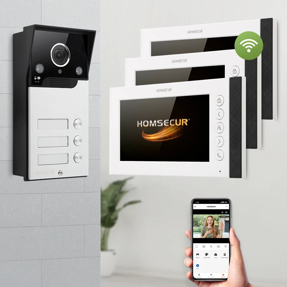 HOMSECUR Tuya App 7" WIFI Video Door Phone Intercom Doorbell Auto Recording For 3 Families