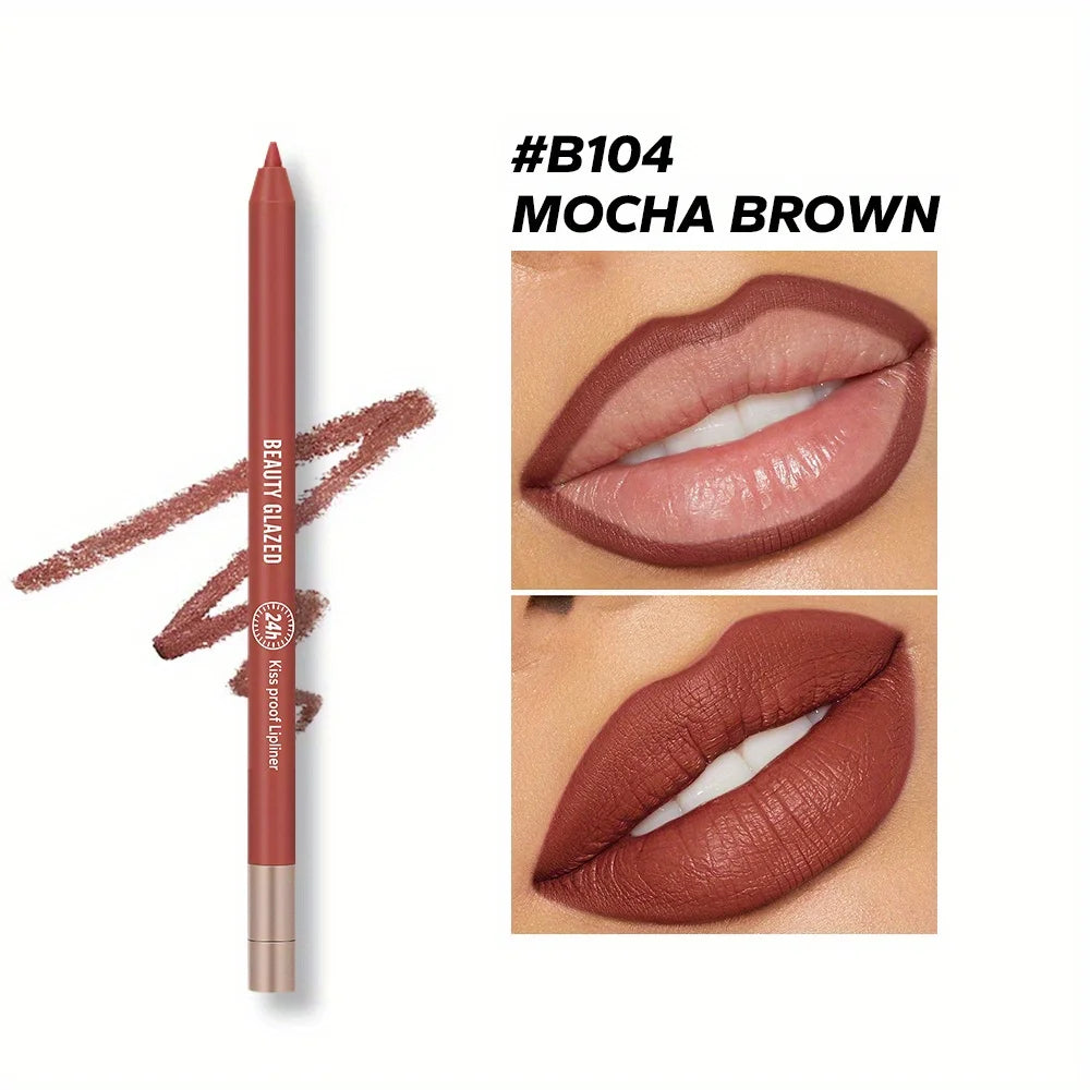 Beauty Glazed matte waterproof lip liner in Mocha Brown. High-pigment pencil for defined, long-lasting lip makeup.