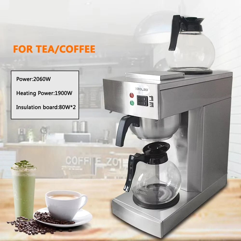 XEOLEO stainless steel commercial coffee and tea maker with two glass carafes and dual warming plates.