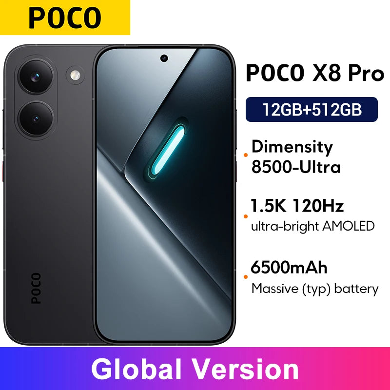 Black POCO X8 Pro smartphone, front and back views, 6.59" 1.5K 120Hz AMOLED, Dimensity 8500-Ultra, 6500mAh battery.
