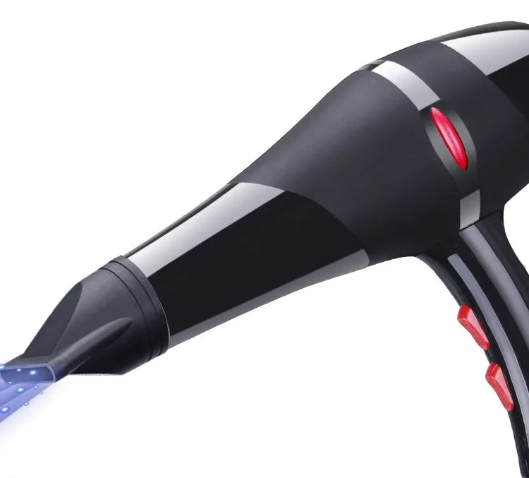 Black 2100W professional salon hair dryer with red buttons and concentrator nozzle for fast, efficient styling.