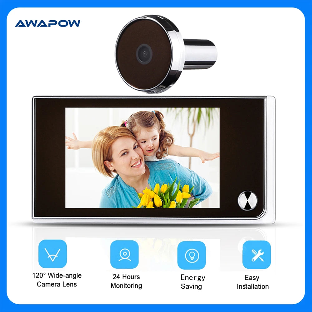 Door peephole camera system with indoor monitor, outdoor lens, and 120° wide view