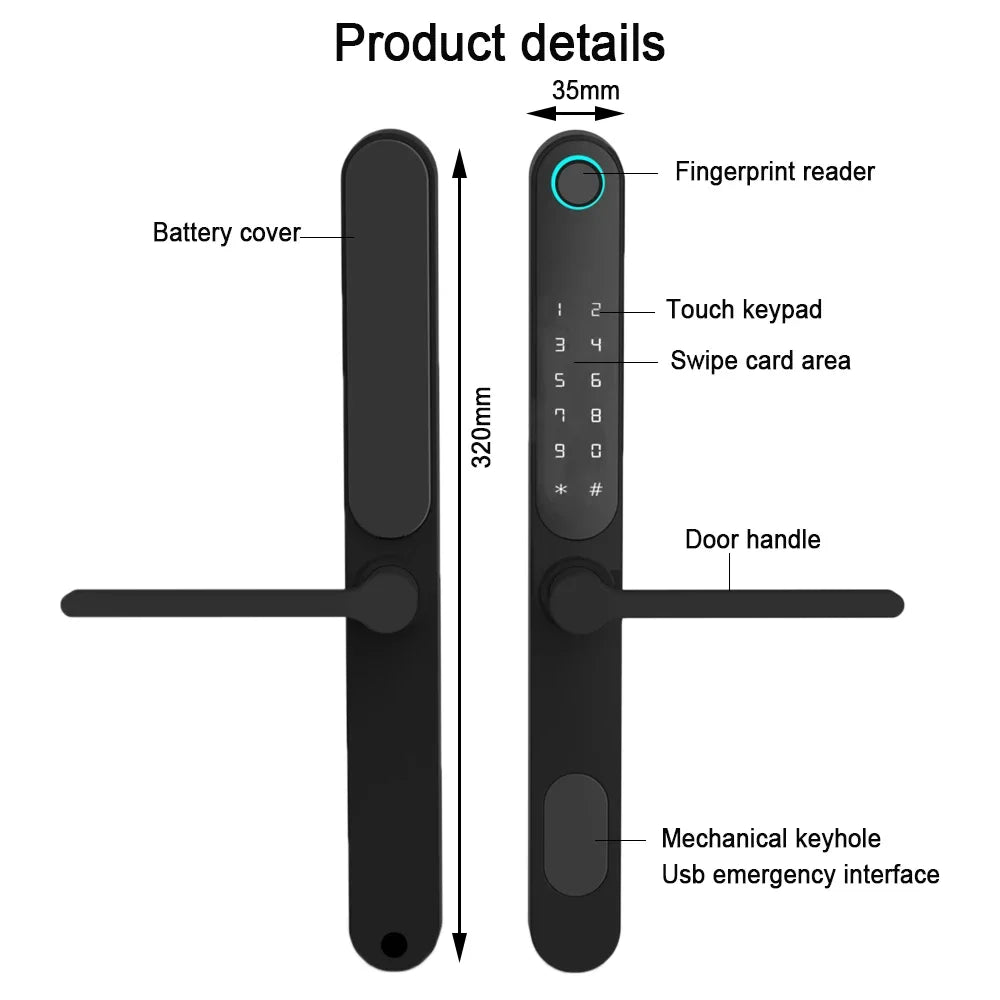 Tuya Smart Door Lock with Handle, Fingerprint Keypad IC Card Mechanical Key, Waterproof Outdoor 85mm Euro Mortise