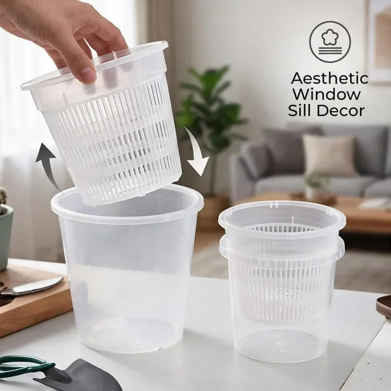 Clear self-watering orchid pots with detachable mesh inner basket for hydroponics