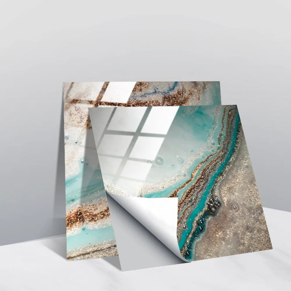 Peel-and-stick faux crystal tile wall stickers, icy blue and beige geode with gold accents.