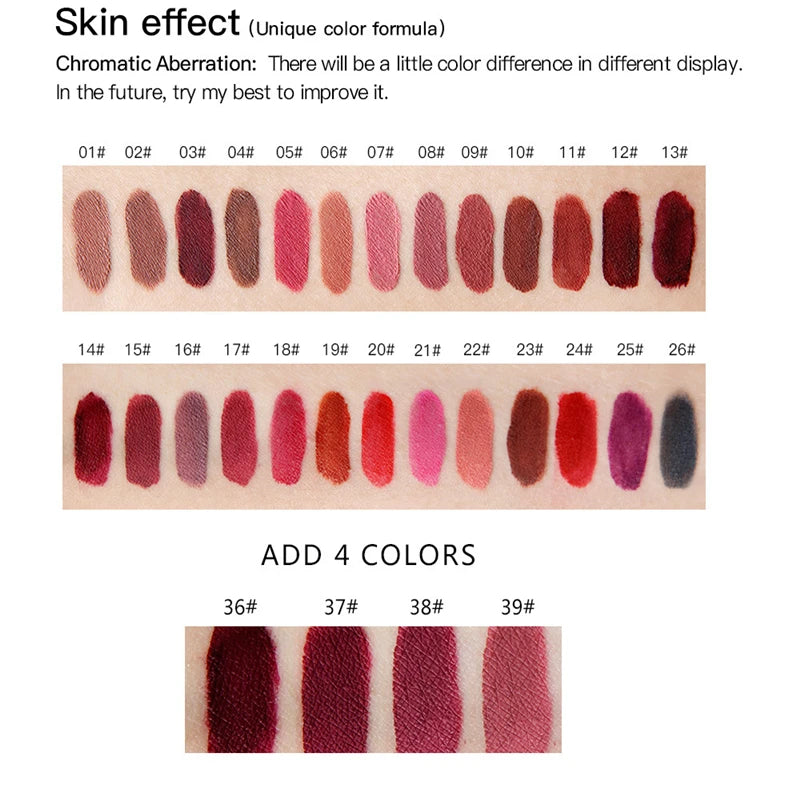 25+ color waterproof matte liquid lipstick swatches showing diverse shades, textures, and rich pigment on skin.