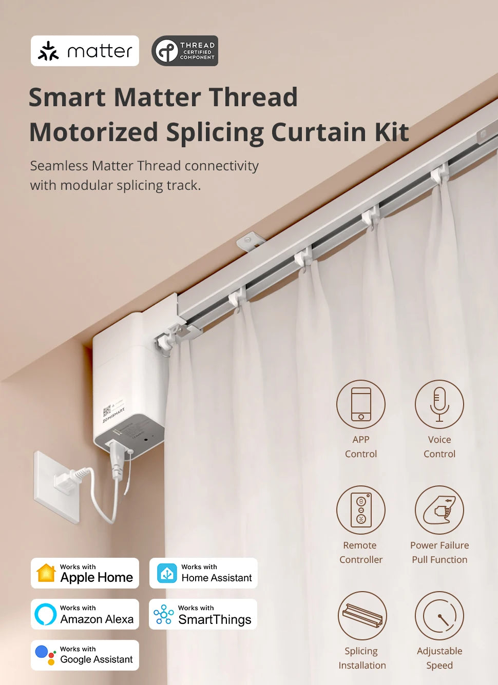 Matter Thread Smart Electric Curtain Motor for Automated Home Track Systems Tidesmit