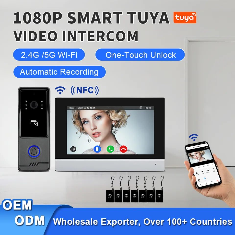 Tuya Wifi 7inch 4 Wires Video Doorbell HD Monitor RFID Metal IR Camera Visual Intercom Two-way Audio APP Unlock Video Door Phone
