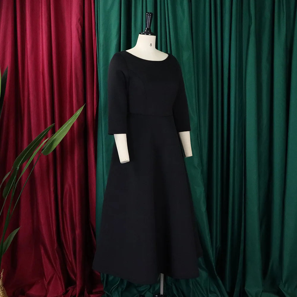 Elegant Pure Color Maxi Dress Evening Gown A- Line Skirt Polyester Fabric round Neck Short Sleeve High Waist Midi Dress