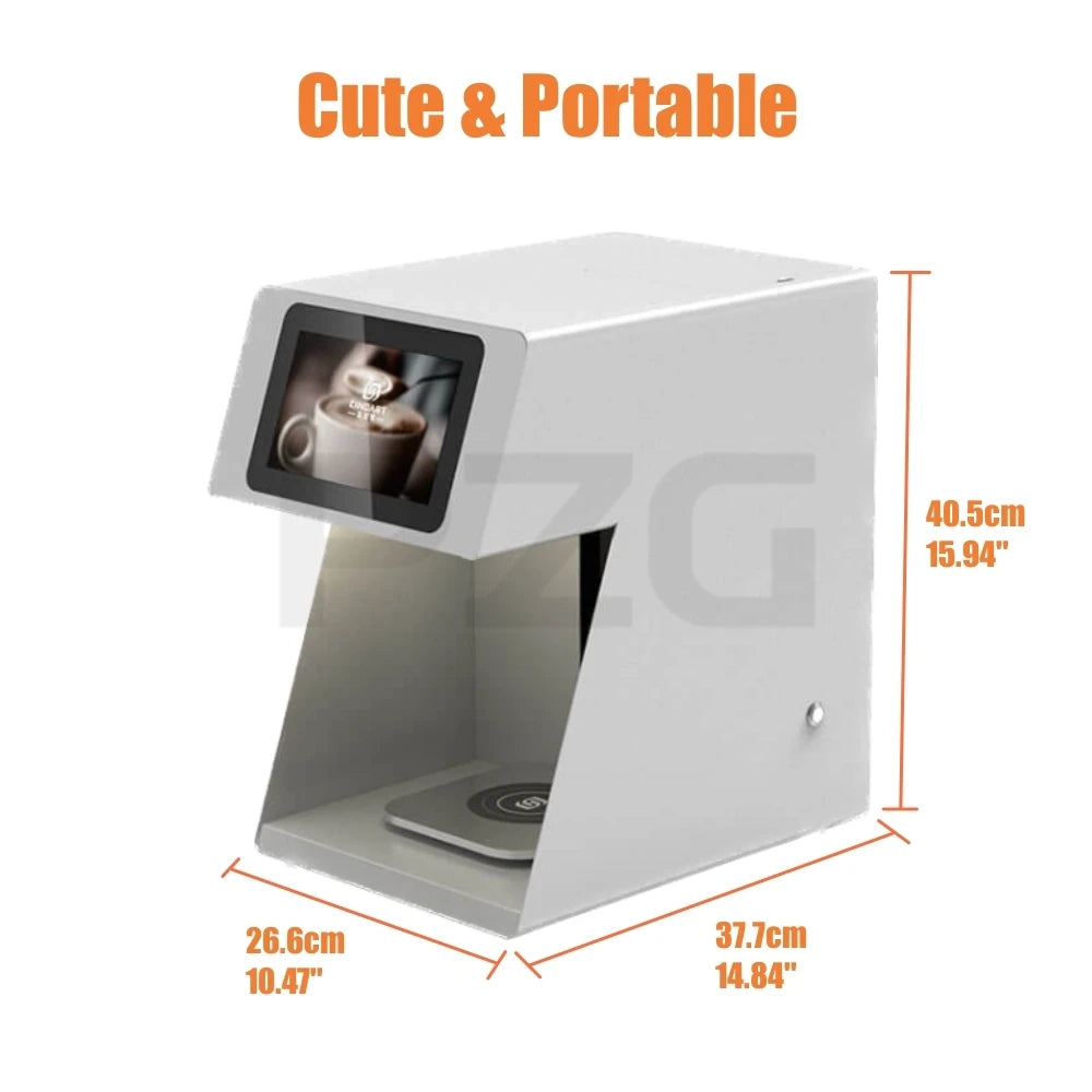 Portable white coffee art printer machine with digital display and dimensions 40.5cm x 37.7cm x 26.6cm.