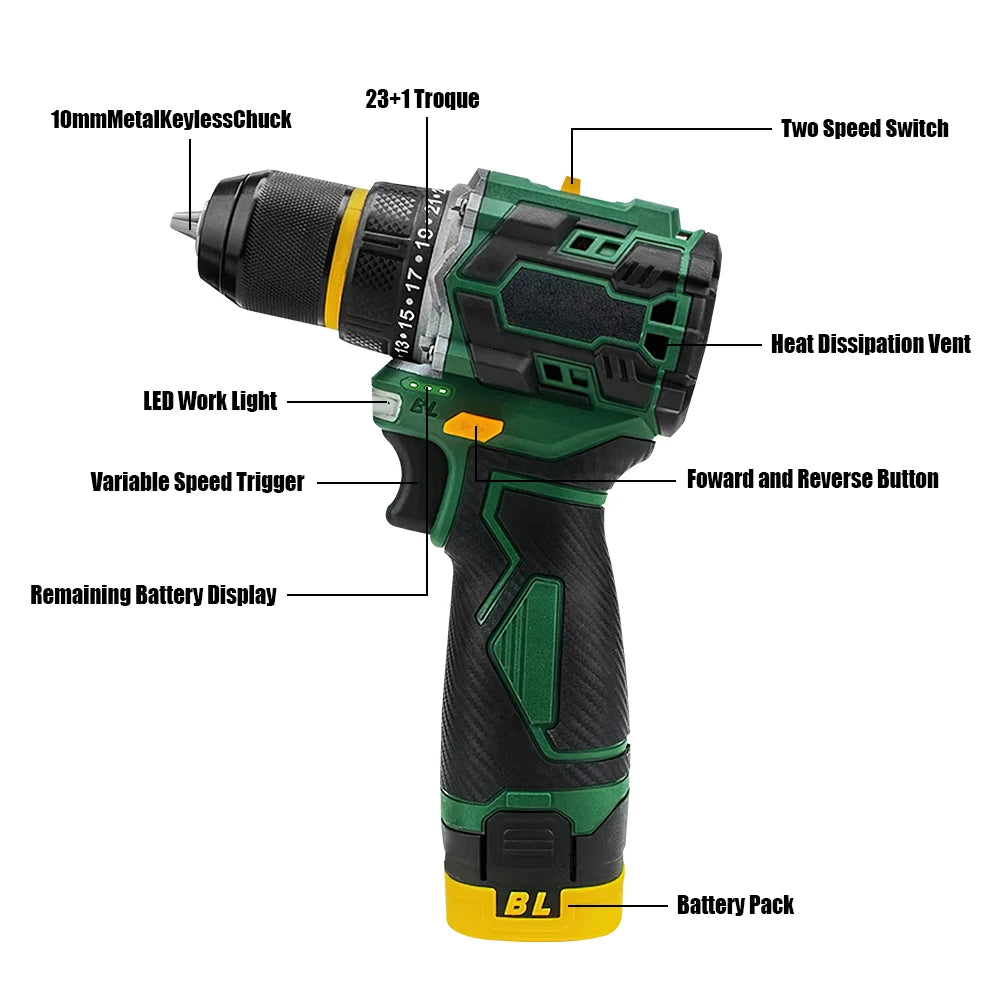 55N.M 10MM 23 + 1 Torque Brushless Electric Impact Drill Metal Ratchet Chuck Cordless Drill Electric Screwdriver DIY Power Tools