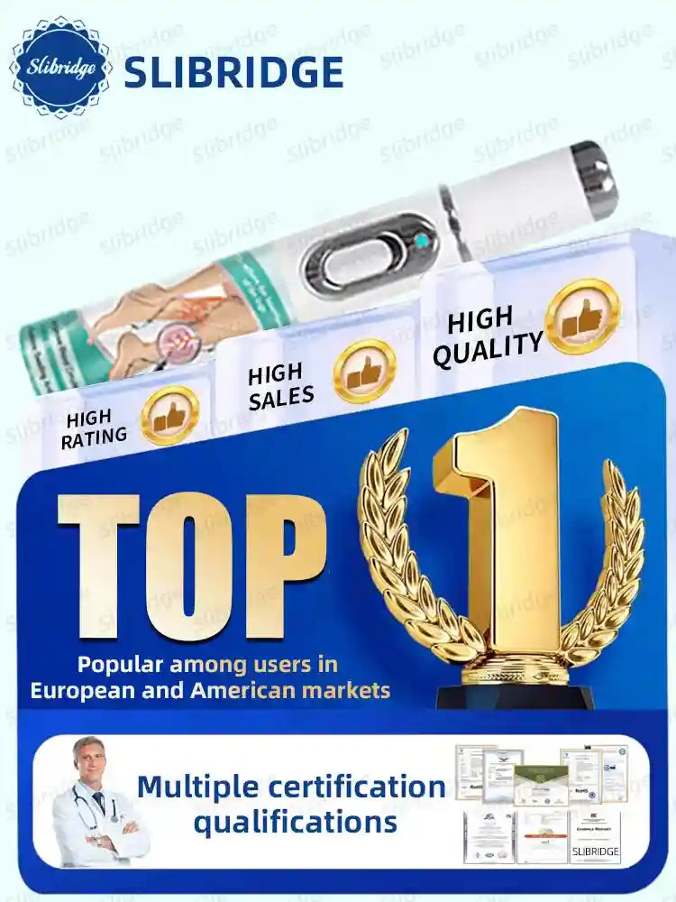 White blue light pen for leg care, displayed with a "Top 1" trophy icon and various certification documents.
