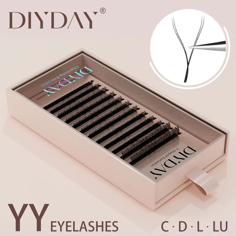 DIYDAY YY Shape Eyelash Extensions C D L LU Curl Brown Lashes Natural Soft Premade Volume Fans Two Tips Y-Shaped False Eyelashes Tidesmit