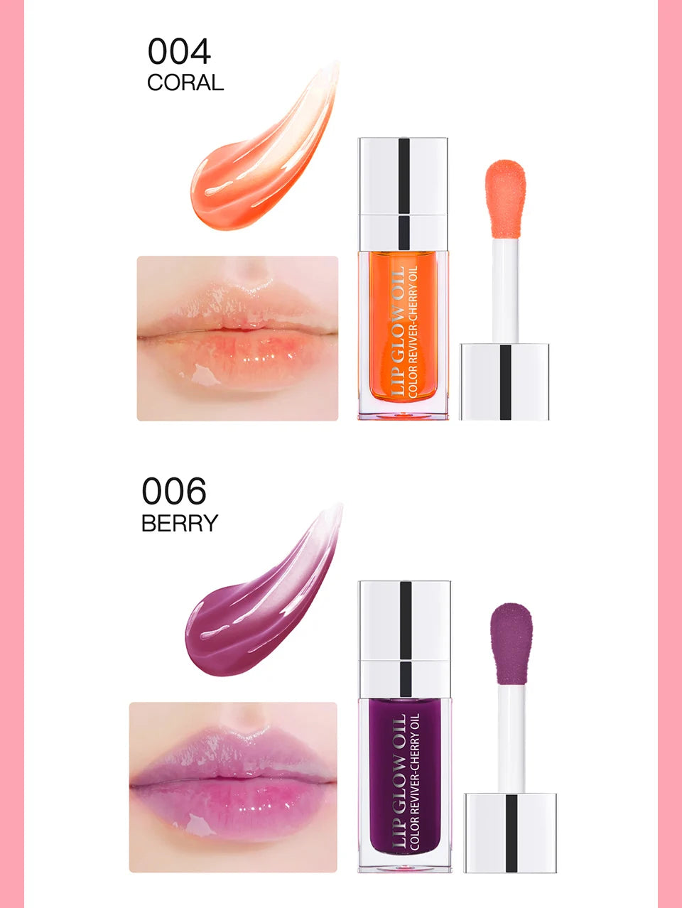 Moisturizing crystal jelly lip oil in coral and berry shades, showing applicator, texture swatches, and glossy lips.