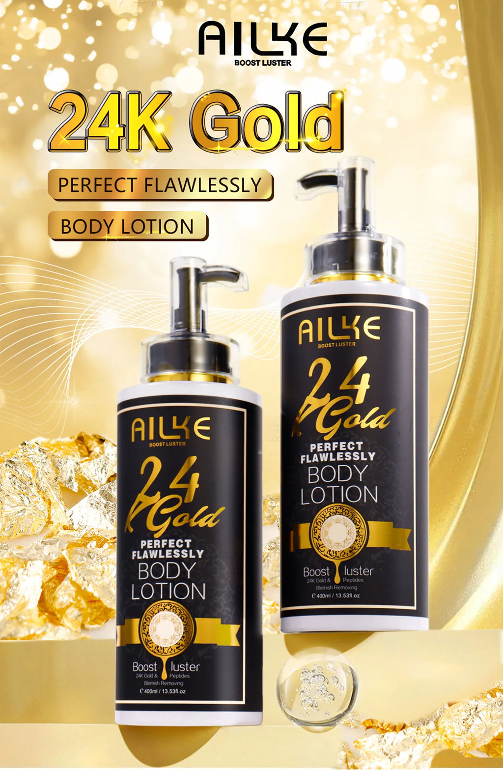 AILKE 24k Gold Perfect Flawlessly Body Lotion, Whitening, Inhibit Melanin, Moisturizing, UV Protect, With Nicotinamide Vitamin C