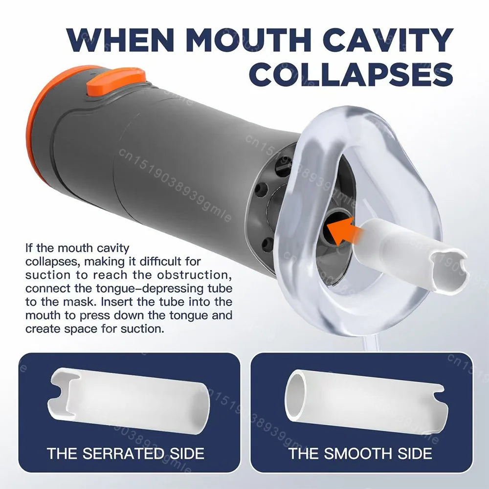 Anti-choking emergency device with gray handle, clear suction mask, and tongue-depressing tube for adult/child rescue.