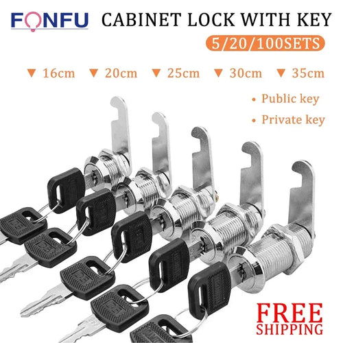 Metal cabinet lock cylinder set with multiple keys, keyed alike options, chrome finish