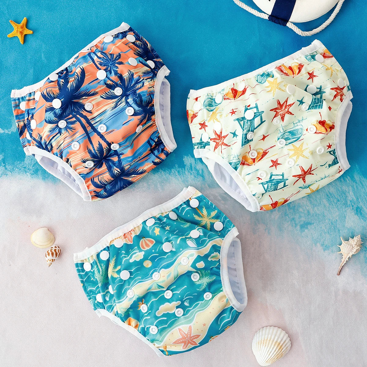 Three reusable baby swim diapers with tropical palm tree, starfish, and beach prints on a blue backdrop.